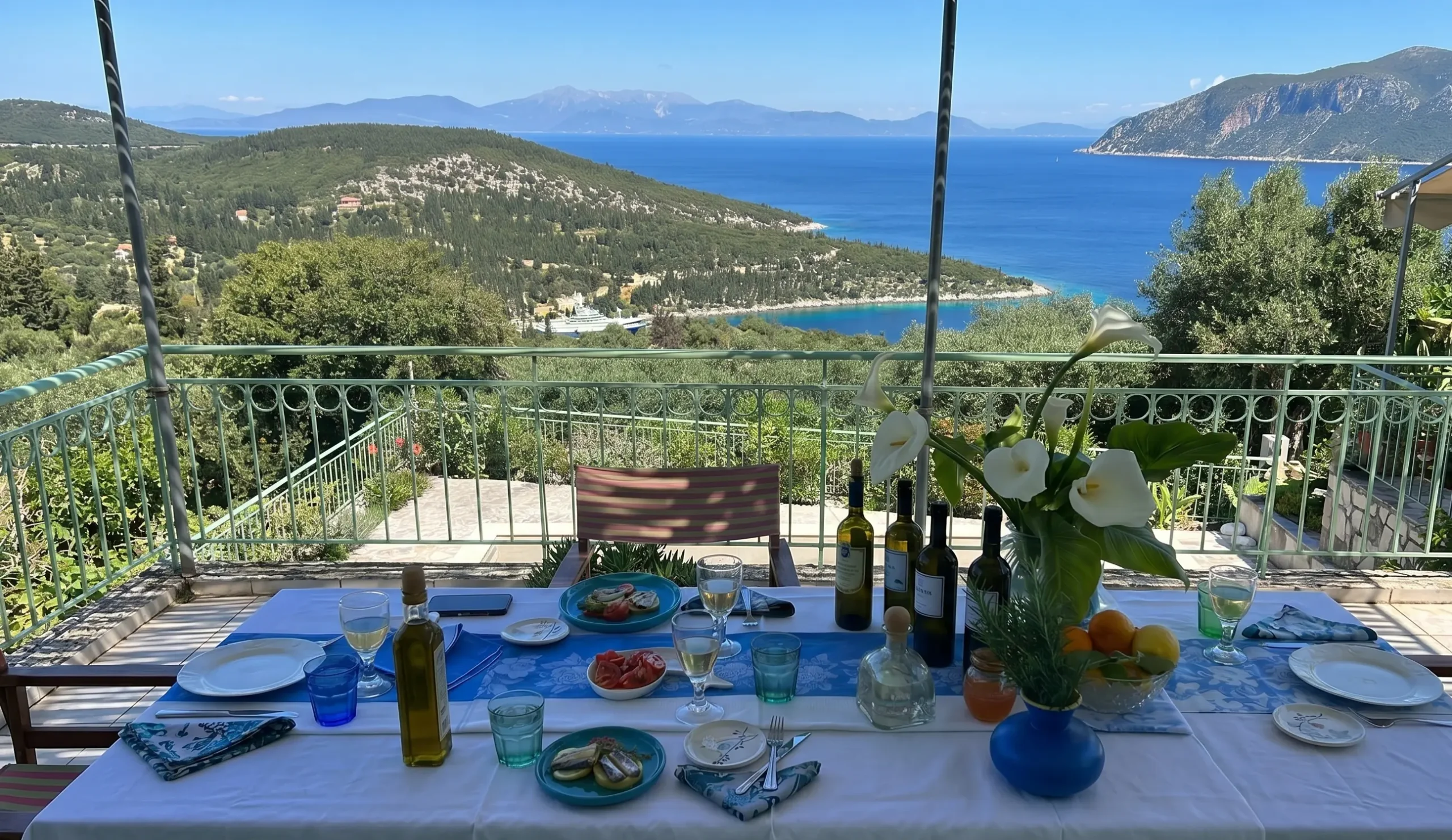 Villa Circe table set above the Ionian Sea